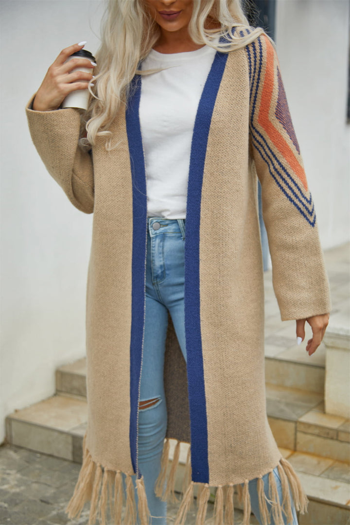 Drune | Geometric Fringe Hem Offene Front Duster Cardigan