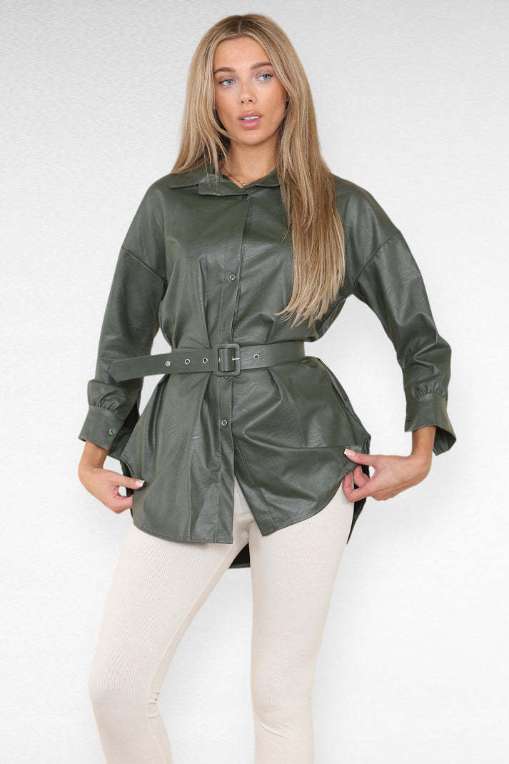 Drune | Hemdblusenkleid aus PU-Leder mit Gürtel