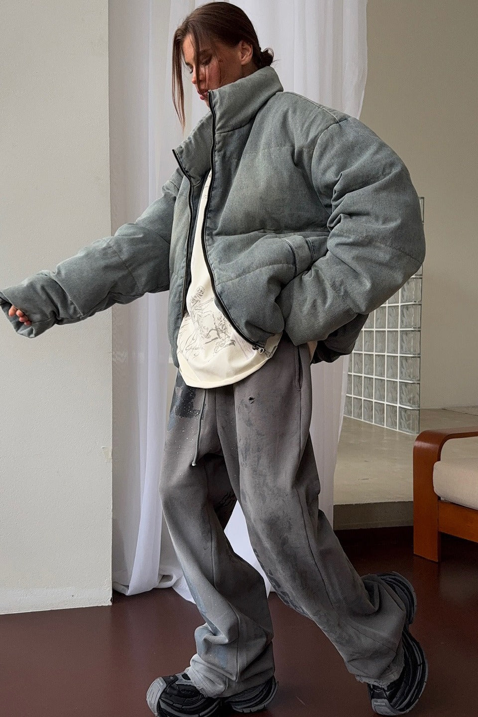Drune | Denim Stehkragen Pufferjacke