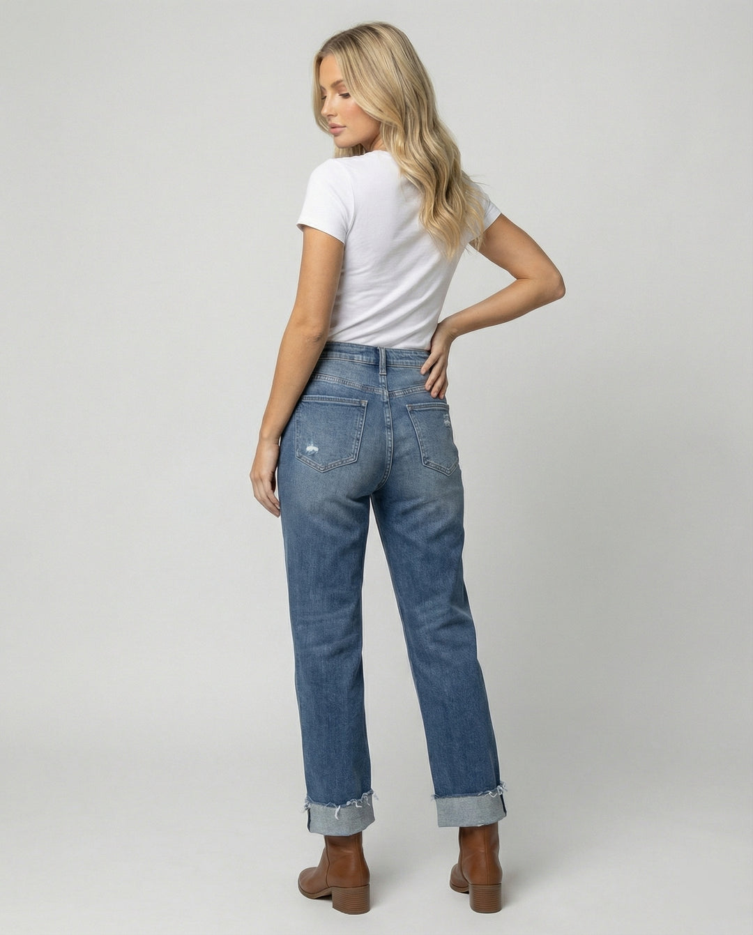 Drune - Damen Gewaschene Denim Hose, Hochbund mit Taillenzug
