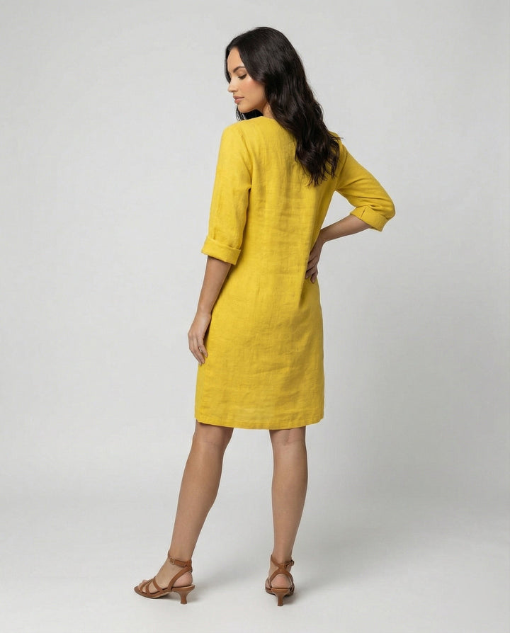 Damen Leinenkleid mit lockerer Passform und elegantem V-Ausschnitt Drune