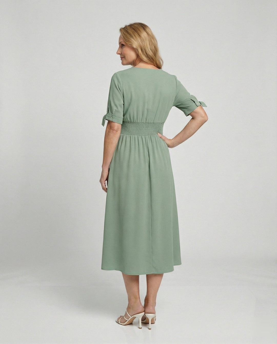 Damen Midikleid V-Ausschnitt mit Knopfleiste