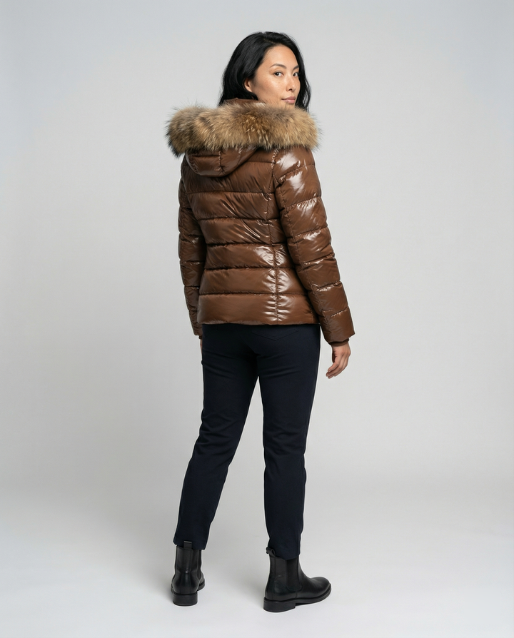 Damen Winterdaunenjacke mit abnehmbarer Kapuze und luxuriösem Fellkragen Drune