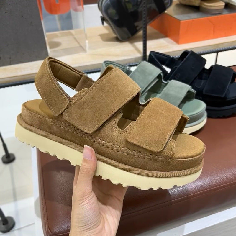 Drune | Frühling und Sommer Neue Echtes Leder Dicke Sohle Riemen Klettsandalen Frauen Offene Zehe Höhensteigerung