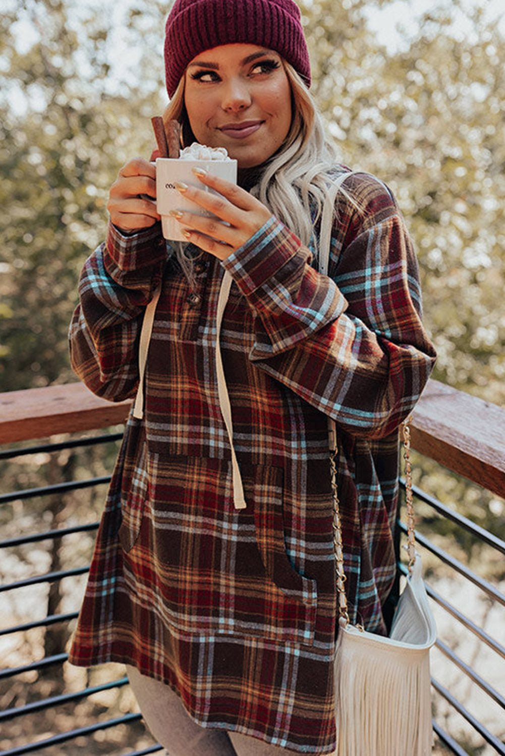 Drune | Feuerrote Plus-Size Karokängurutaschen Kapuzenpullover mit Kordelzug