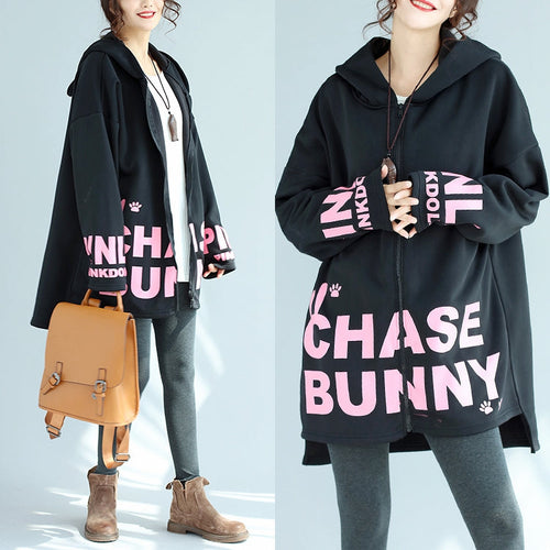 Drune | lockere schwarze Baumwolle Kapuzenmäntel Winter lässig Oversize Druck Outwear
