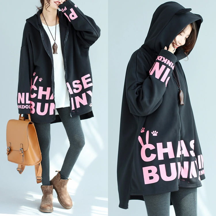 Drune | lockere schwarze Baumwolle Kapuzenmäntel Winter lässig Oversize Druck Outwear