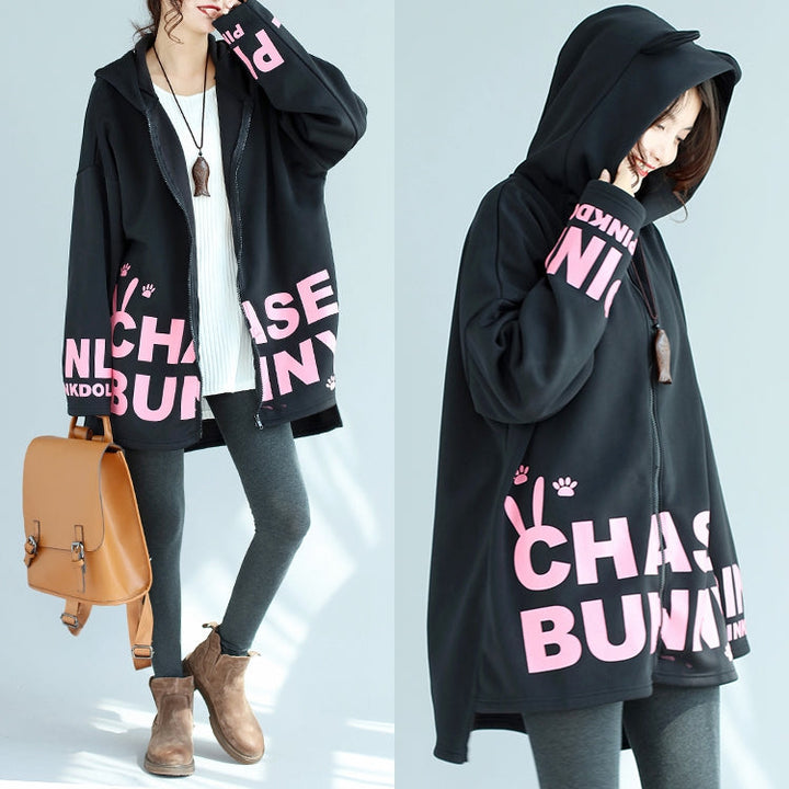 Drune | lockere schwarze Baumwolle Kapuzenmäntel Winter lässig Oversize Druck Outwear
