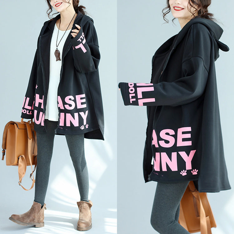 Drune | lockere schwarze Baumwolle Kapuzenmäntel Winter lässig Oversize Druck Outwear