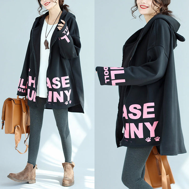 Drune | lockere schwarze Baumwolle Kapuzenmäntel Winter lässig Oversize Druck Outwear