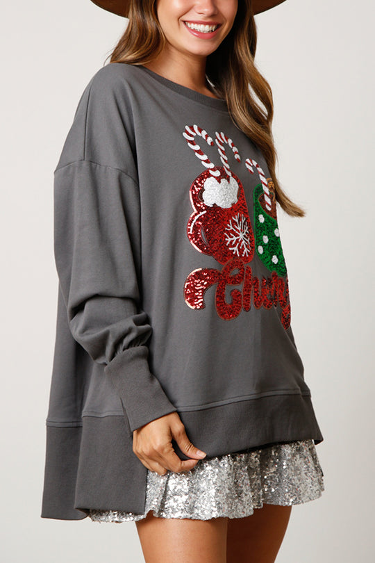 Drune | Weihnachts Süßigkeiten Tasse Pailletten Lässiger Lockere Sweatshirt