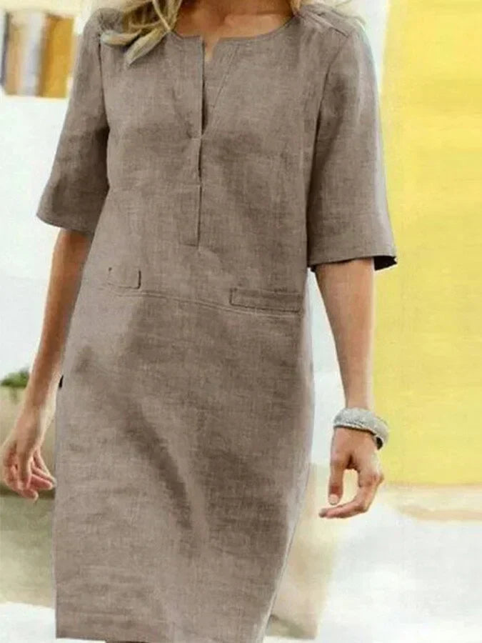 Drune | Damen Kurzarm Baumwolle und Leinen Kleid
