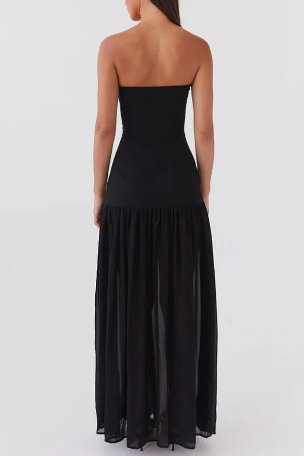 Drune | Eden Patchwork Semi-Transparent Chiffon Strapless Maxi-Kleid