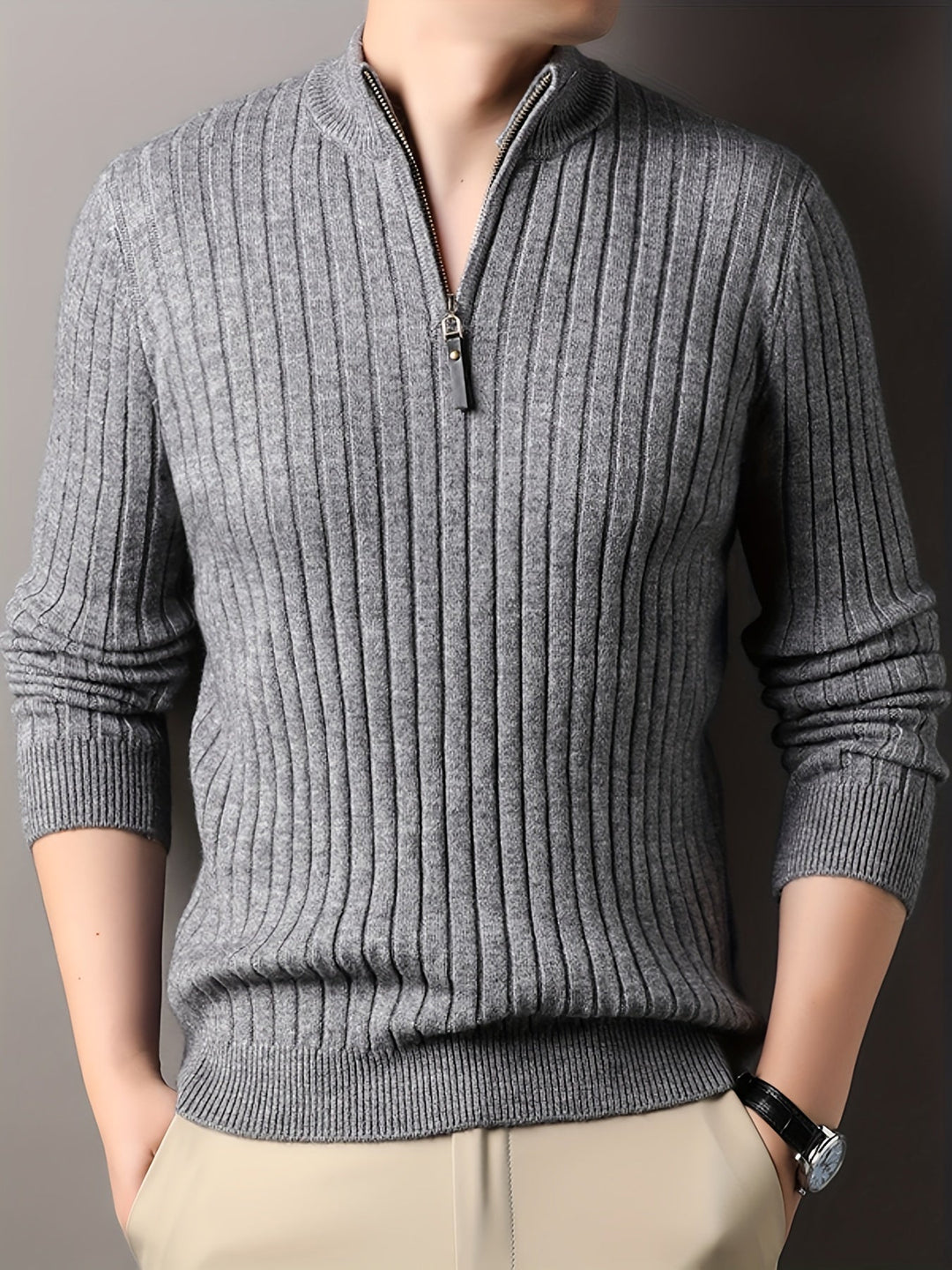 Drune | Strickpullover mit Hohem Kragen und Reißverschluss Geripptes Design Weiches Material