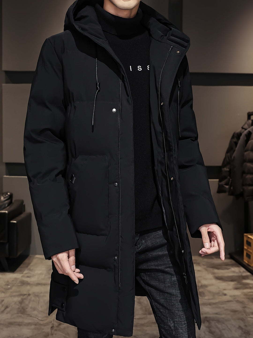 Drune |  Schwarze Gepolsterte Lange Jacke Mit Kapuze Baumwoll Winterjacke Für Herren - Perfekt für Outdoor Aktivitäten