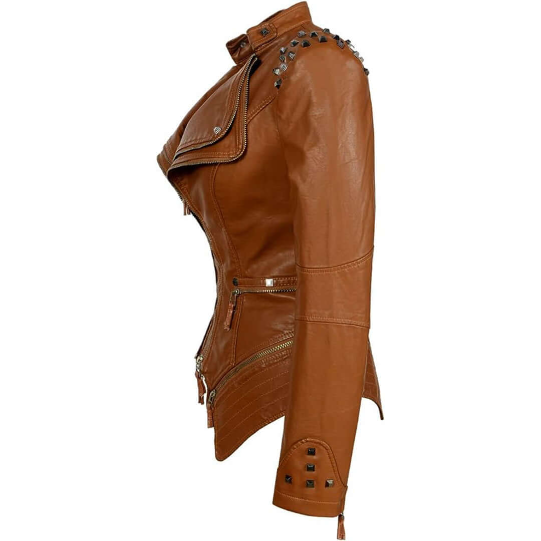 Drune | Damen Enganliegende Genietete Biker Lederjacke