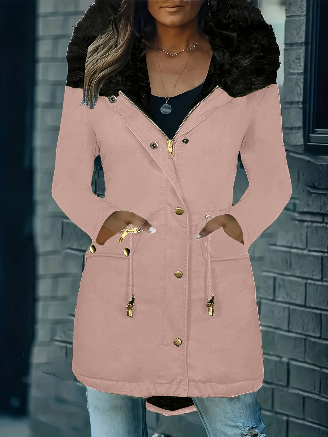 Drune | Zip up Parka Mantel mit Knöpfen Kapuze Damen Winterjacke