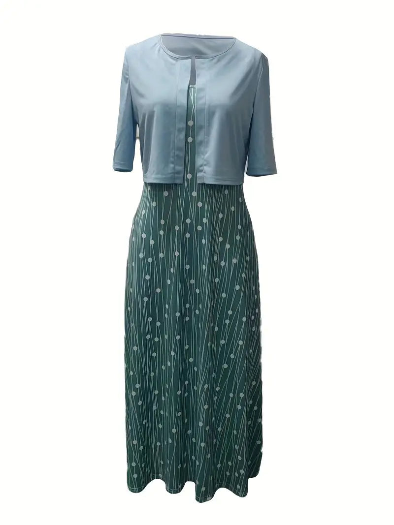 Drune – elegantes zweiteiliges blumenkleid-set mit einfarbigem crop-top und kleid mit rundhalsausschnitt