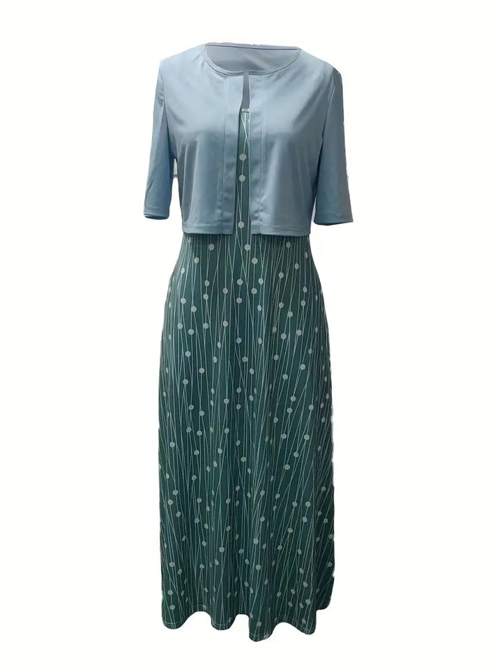Drune – elegantes zweiteiliges blumenkleid-set mit einfarbigem crop-top und kleid mit rundhalsausschnitt