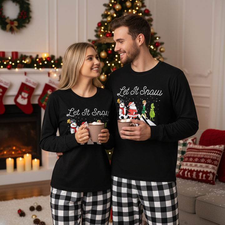 Drune | Paar Schwarz und Weiß Karierte Weihnachts-Pyjama-Set mit Weihnachtsmann und Cartoon-Muster Druck
