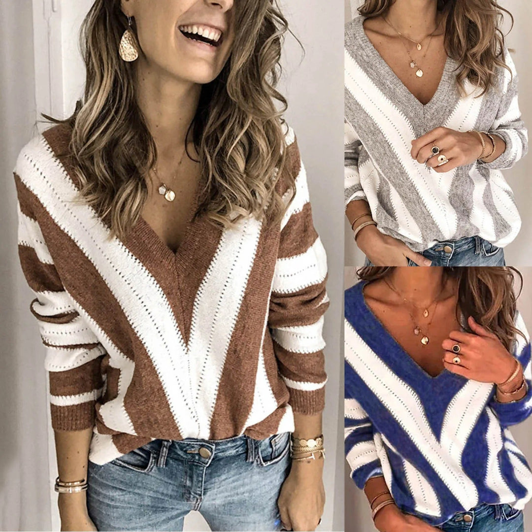 Drune | Gemütlicher gestreifter Pullover mit V-Kragen für Damen