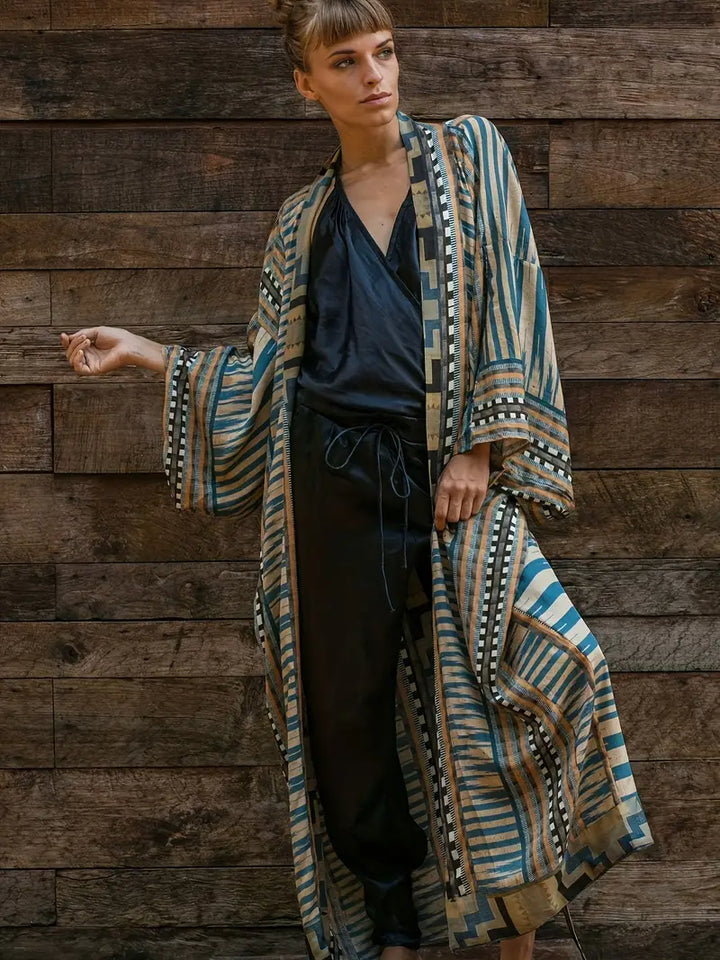Drune | Boho Plus Size Kimono mit Bindegürtel Maxi Tunika