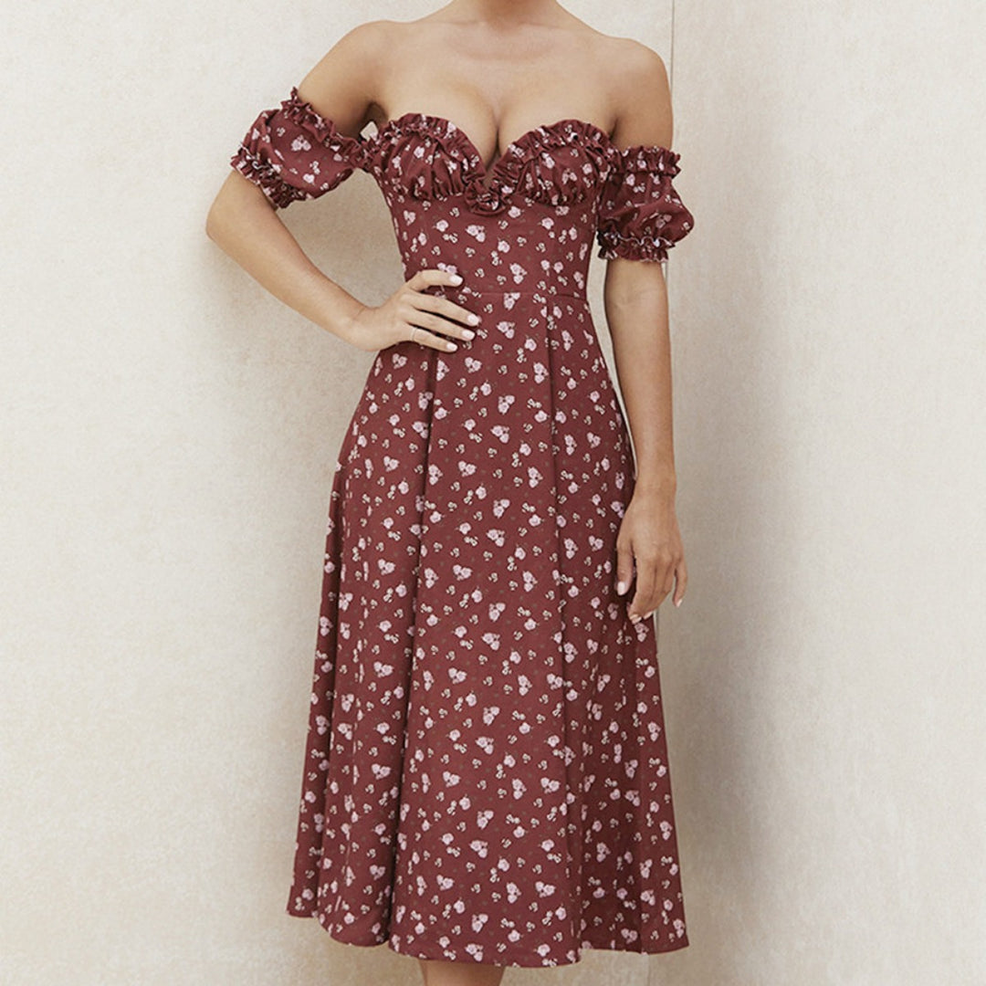 Drune | Geschlitztes Blumenkleid schulterfreies Röhrentop-Kleid