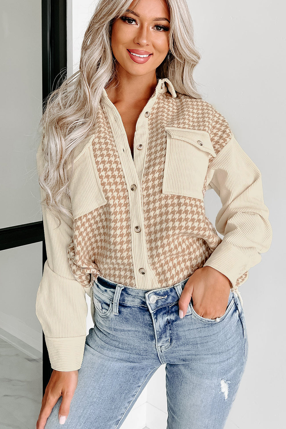 Drune | Hundezahn Muster Hemdjacke Baumwollmischung Trendy und Komfortabel