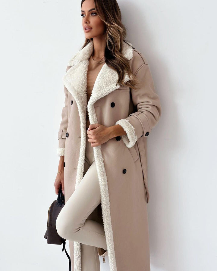 Drune | Damen Langmantel – Oversized Fit – Leder-Look – Plüschgefüttert – Gürtelverschluss