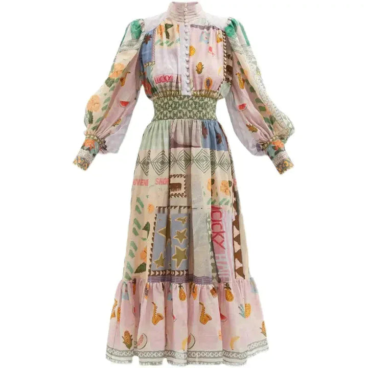 Drune | Böhmisches Maxikleid mit Patchwork und Fruchtmotiven