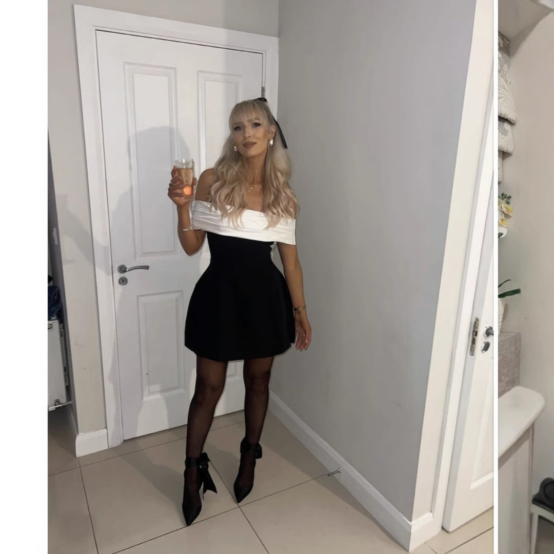 Drune | Ein-Wort-Schulter schwarz-weißes Kleid mit kontrastierender Schleife