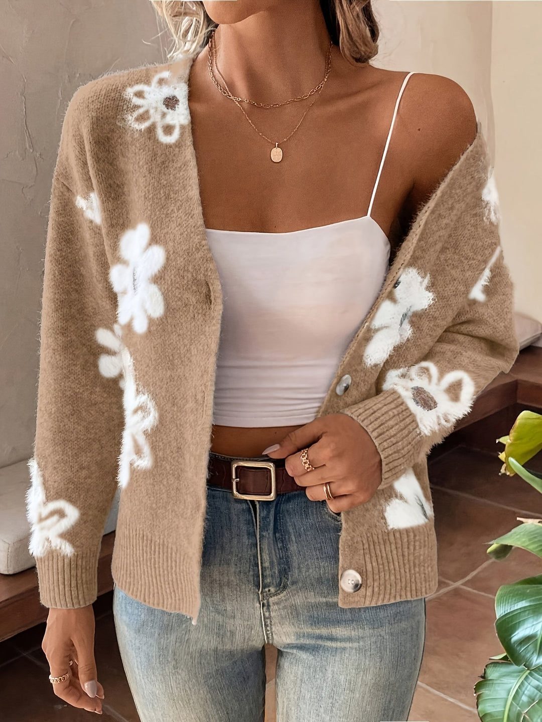 Drune | Weiche Strickjacke mit Blumenmuster Acryl Wärme und Stil