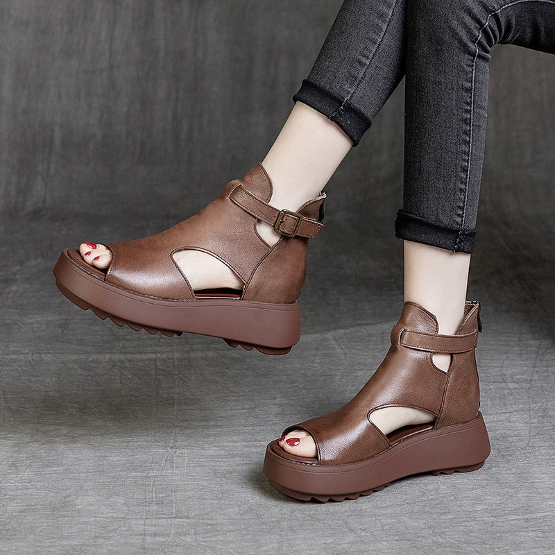 Drune | Sommer Neu Retro Erste Schicht Rindsleder Rücken Peep Toe Sandalen für Frauen
