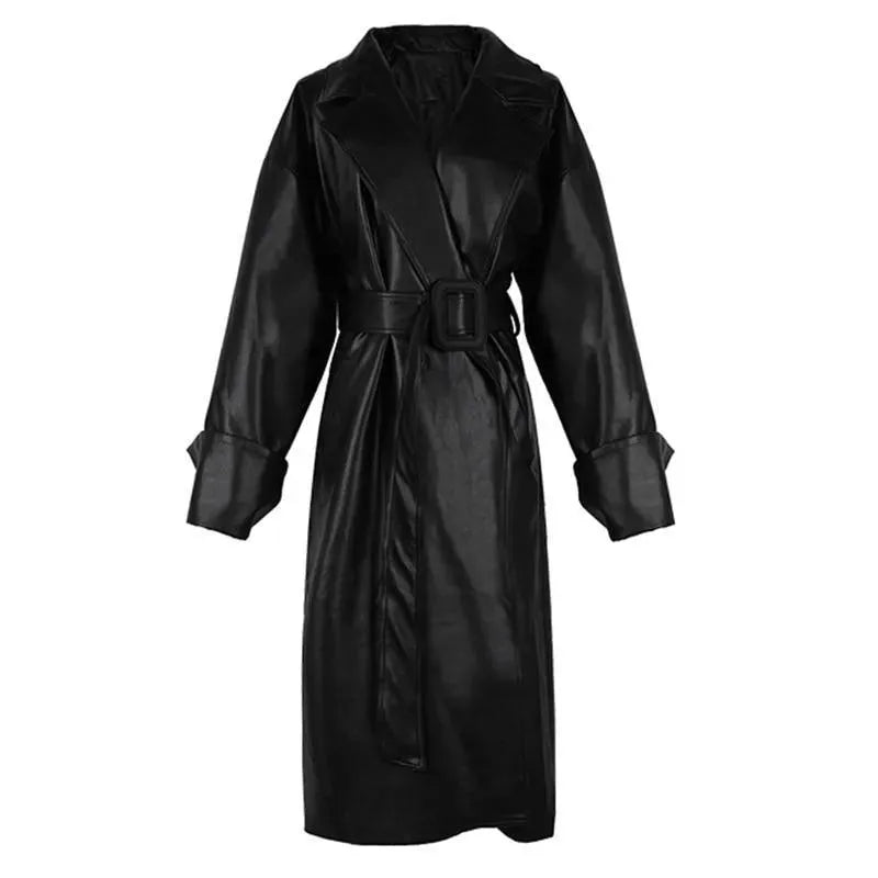 Drune | Schwarzer Oversized Leder-Trenchcoat für Damen
