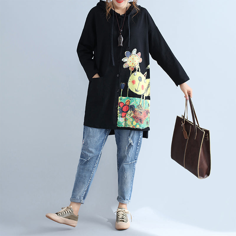 Drune | warmer Baumwoll Kapuzenjacke Prints Oversize Langarm Trenchcoats