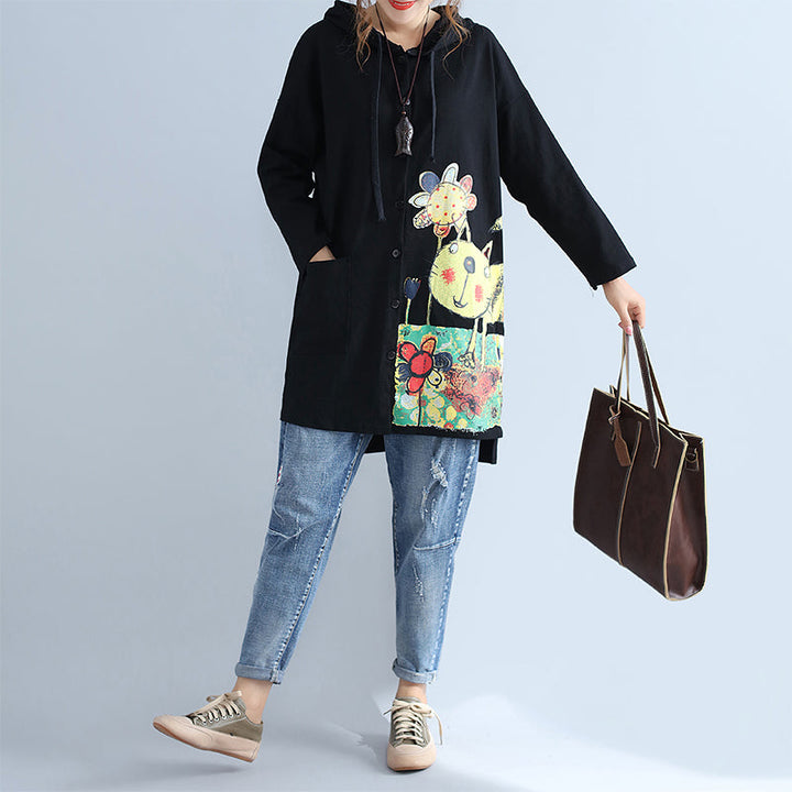 Drune | warmer Baumwoll Kapuzenjacke Prints Oversize Langarm Trenchcoats