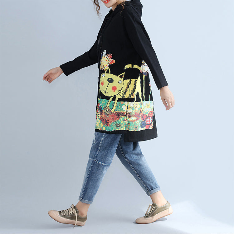 Drune | warmer Baumwoll Kapuzenjacke Prints Oversize Langarm Trenchcoats