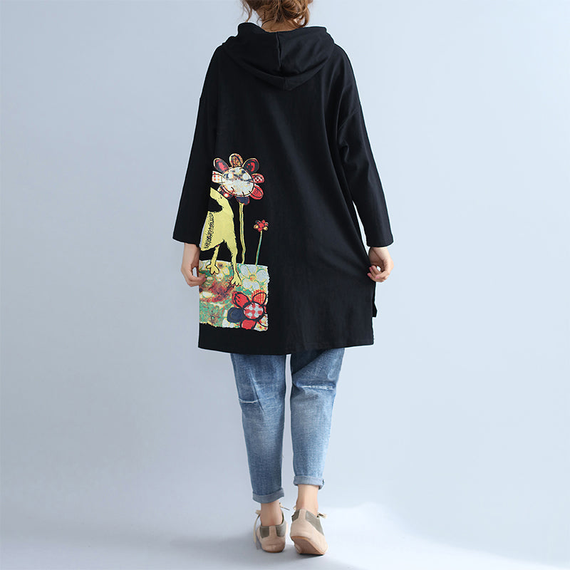 Drune | warmer Baumwoll Kapuzenjacke Prints Oversize Langarm Trenchcoats
