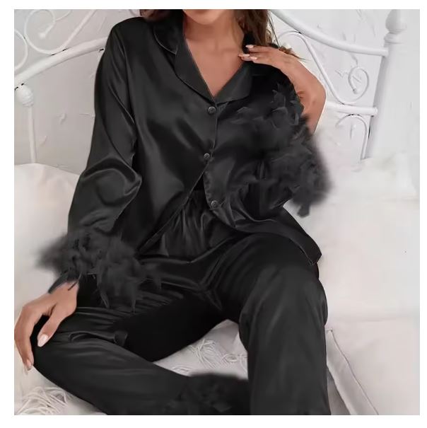 Damen Satin-Pyjama-Set mit eleganten Federdetails Drune