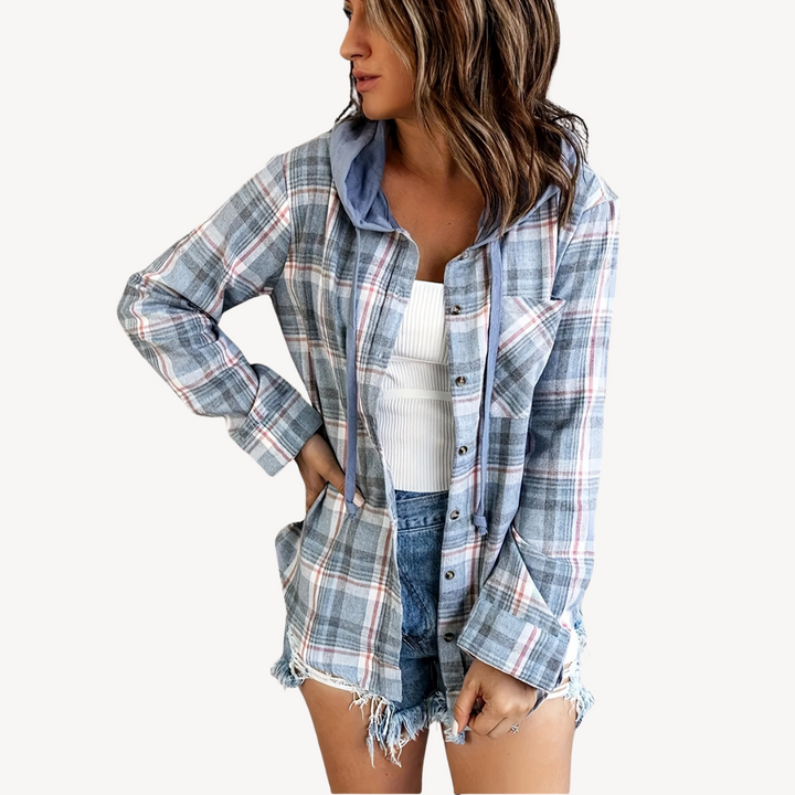 Drune | Damen Karierte Button-Down Hemdjacke mit Kapuze