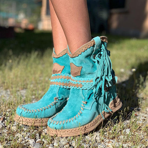 Drune | Stiefeletten Mit Westernfransen Wadenhoch Einzigartiges Azurblaues Design