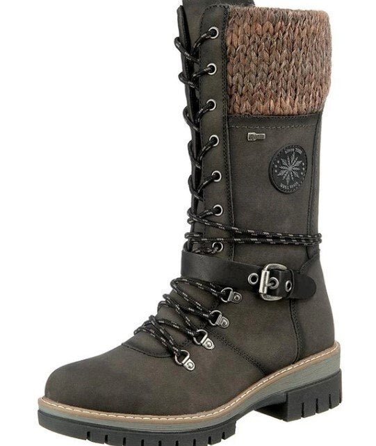 Drune | Knöchelhohe Stiefel - Schnürung - Seitenreißverschluss - Rutschfeste Sohle - Strickbündchen - Schnallenriemen