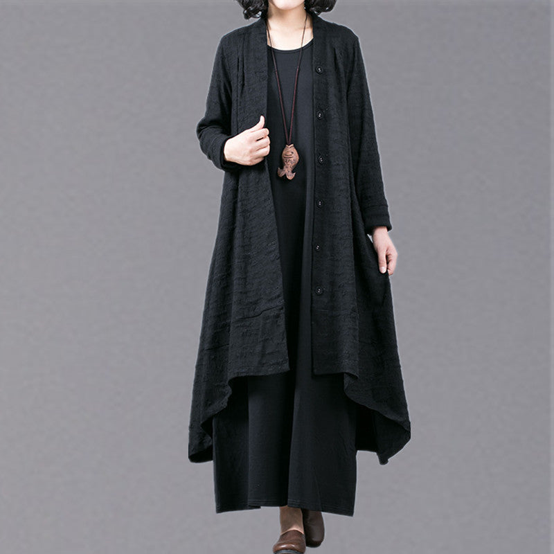 Drune | schwarzer Jacquardmäntel oversize baggy großer Saum asymmetrisches Design Outerwear Damen Patchwork Maxi-Mantel