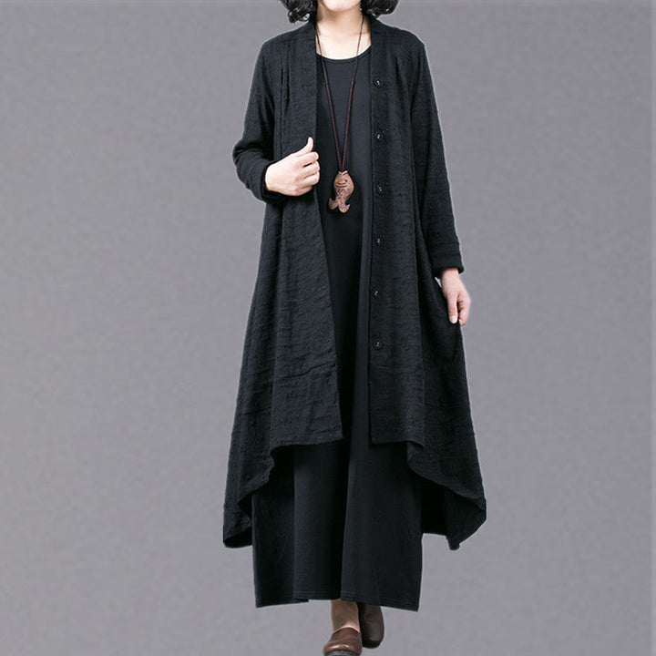 Drune | schwarzer Jacquardmäntel oversize baggy großer Saum asymmetrisches Design Outerwear Damen Patchwork Maxi-Mantel