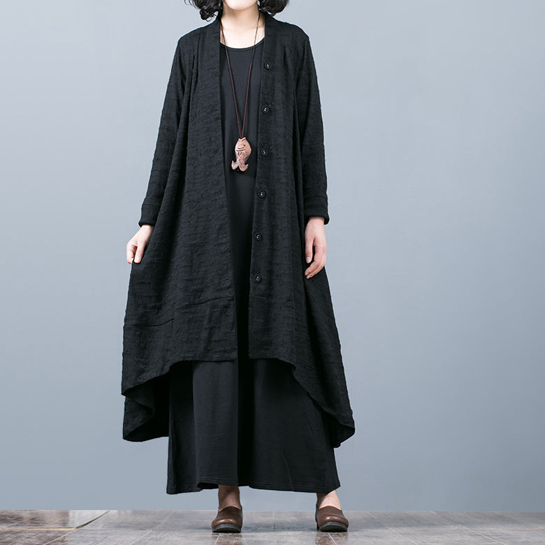 Drune | schwarzer Jacquardmäntel oversize baggy großer Saum asymmetrisches Design Outerwear Damen Patchwork Maxi-Mantel