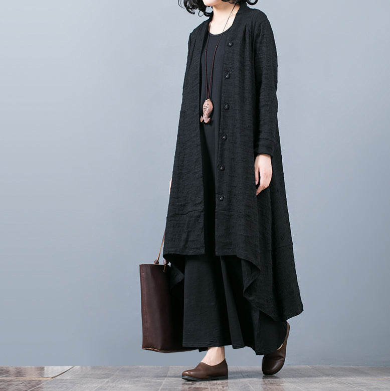 Drune | schwarzer Jacquardmäntel oversize baggy großer Saum asymmetrisches Design Outerwear Damen Patchwork Maxi-Mantel