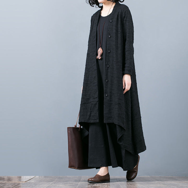 Drune | schwarzer Jacquardmäntel oversize baggy großer Saum asymmetrisches Design Outerwear Damen Patchwork Maxi-Mantel