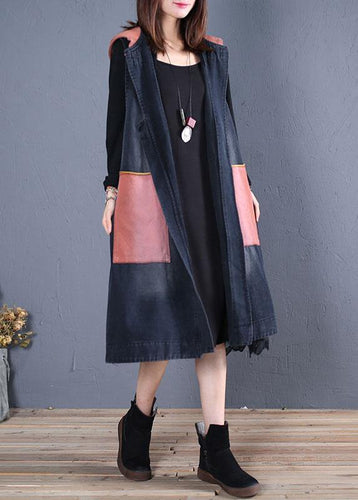 Drune | Plus-Size-Trenchcoat Schwarz Patchwork Kapuzen ärmellos Jacken