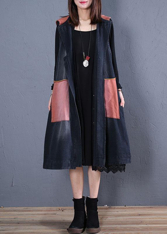 Drune | Plus-Size-Trenchcoat Schwarz Patchwork Kapuzen ärmellos Jacken