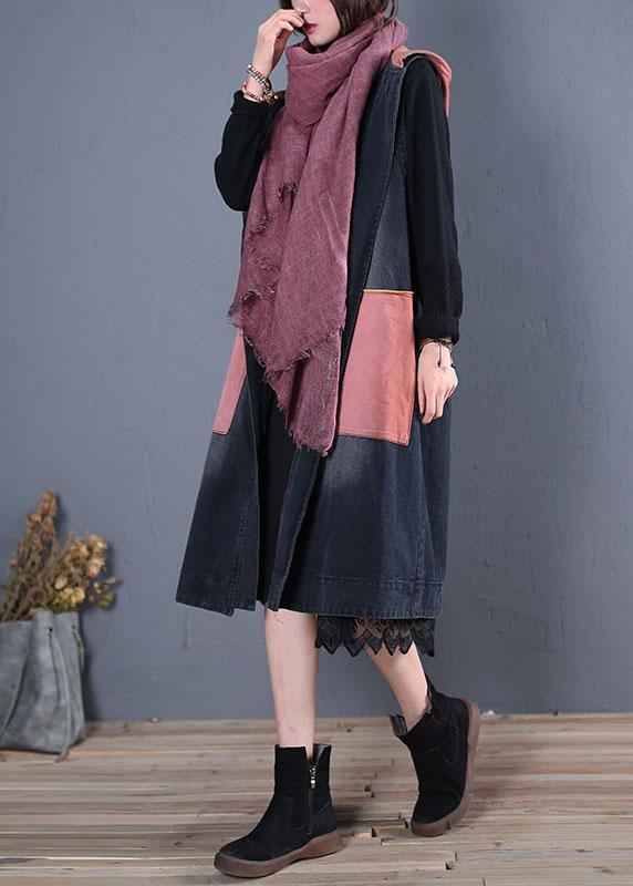 Drune | Plus-Size-Trenchcoat Schwarz Patchwork Kapuzen ärmellos Jacken